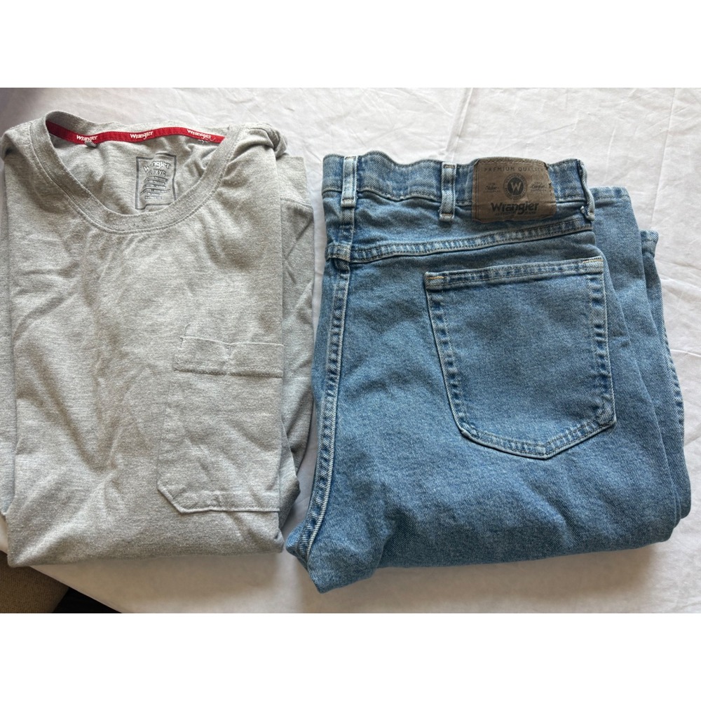 Wrangler Mens Outfit Set Gray Pocket T-Shirt XXL Blue Regular Fit Jeans 38x29